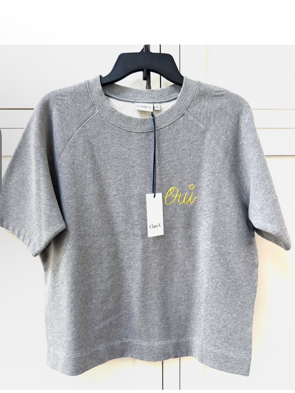 CLARE V Oui Short Sleeve Sweatshirt Top NWT Gray Embroidered Size S
